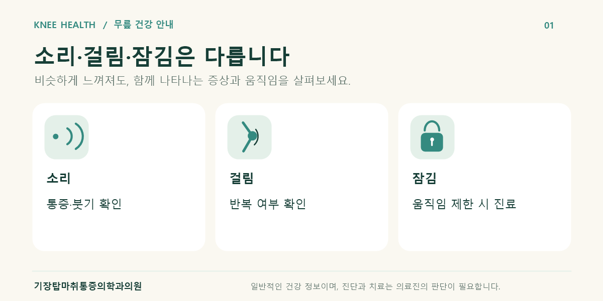 무릎 소리, 반복되는 걸림, 움직임이 제한되는 잠김의 차이